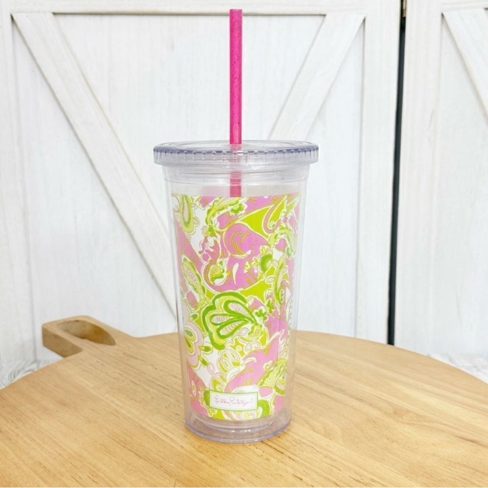 Lilly Pulitzer Elephants Acrylic Tumbler Cup Pink Green 20oz Lid Straw - Picture 9 of 9
